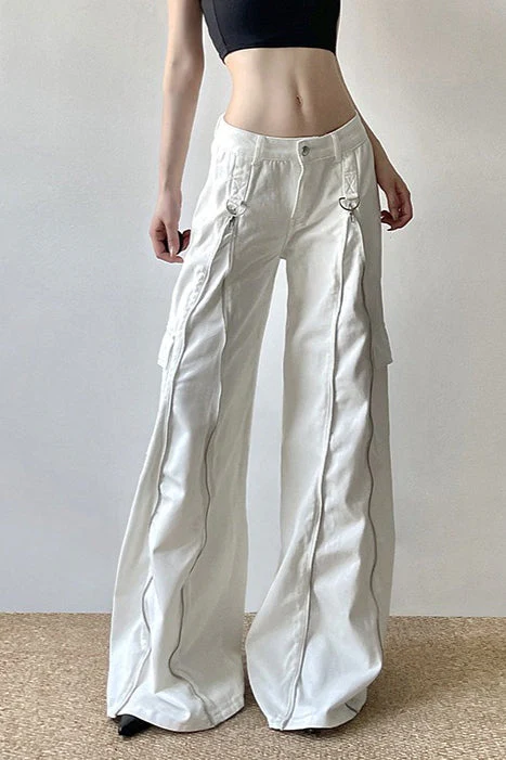 Long Zipper Pocket White Cargo Wide Leg Jeans - Image 5