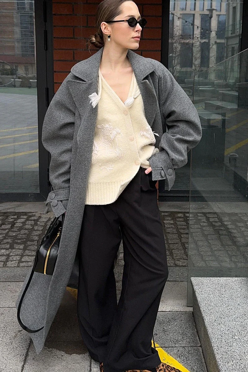 Longline Wool Blend Tie Waist Loose Elegant Overcoat - Image 6