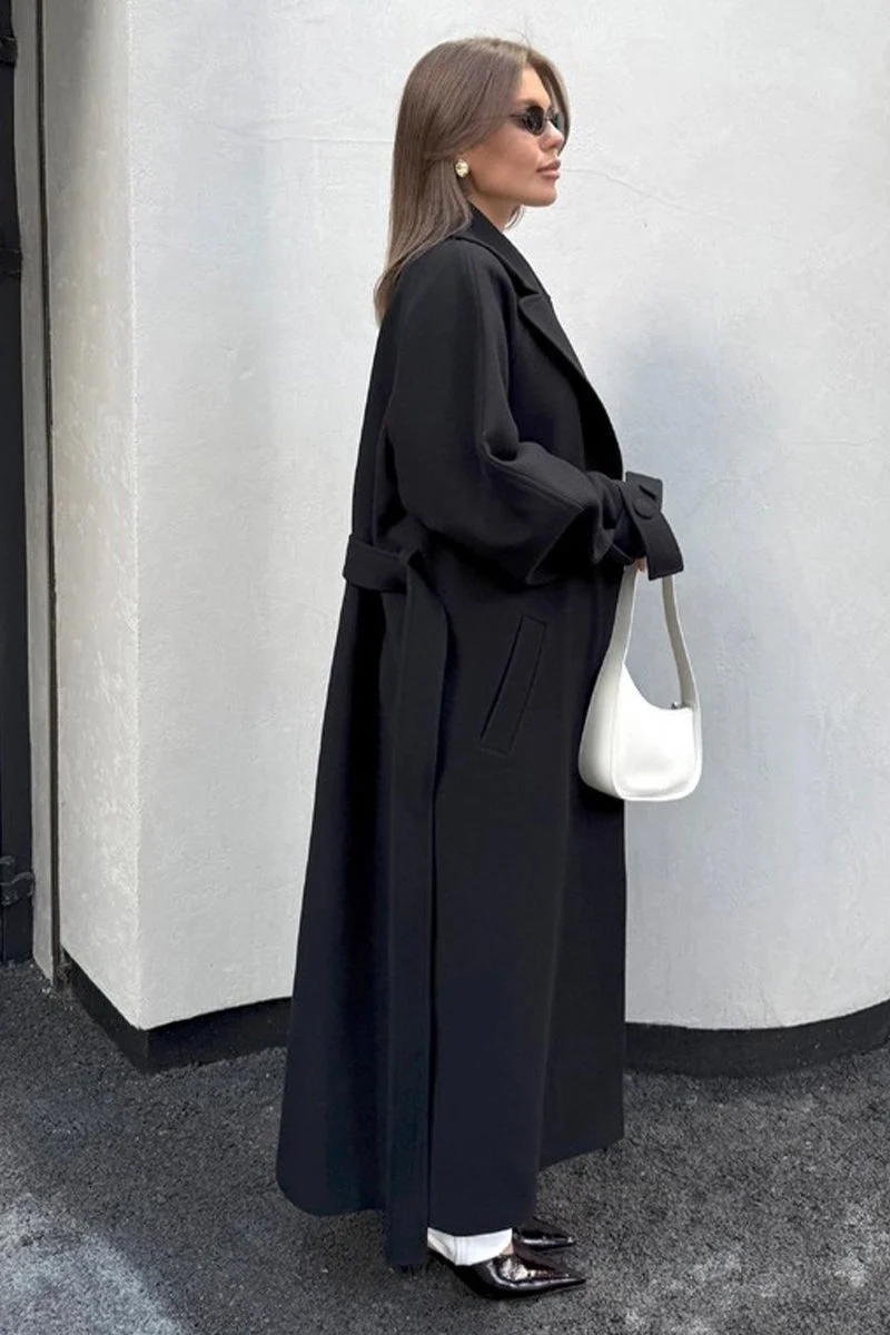 Longline Wool Blend Tie Waist Loose Elegant Overcoat - Image 8