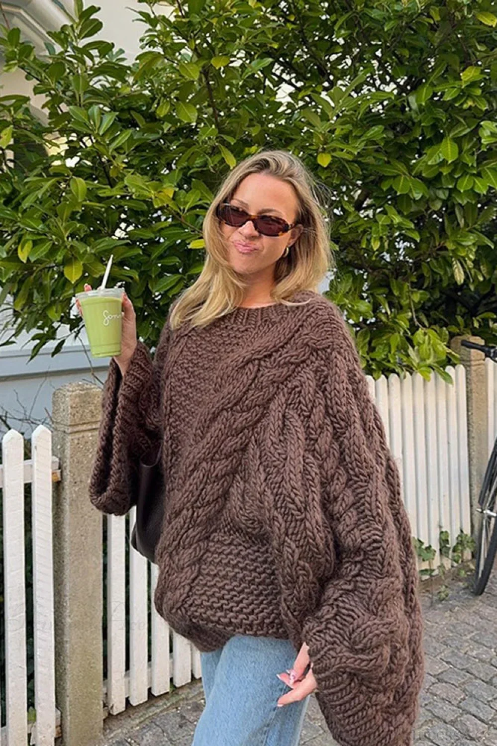 Vintage Loose Comfortable Crew Neck Wide Sleeve Cable Sweater - Image 3