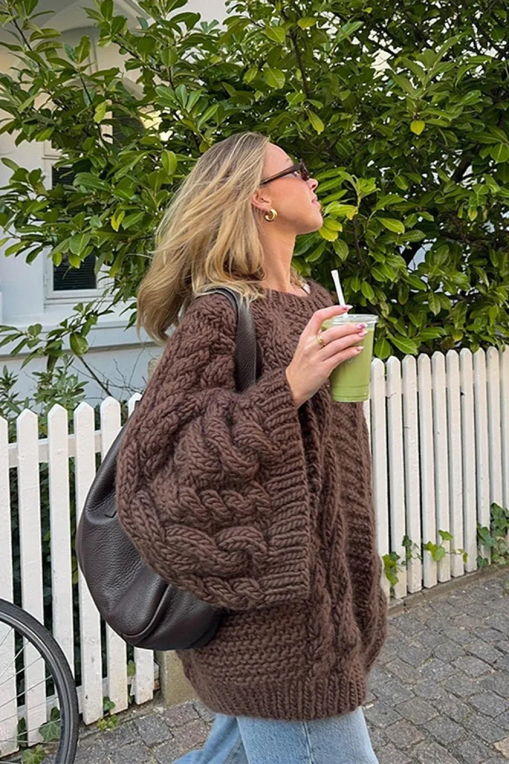 Vintage Loose Comfortable Crew Neck Wide Sleeve Cable Sweater - Image 4