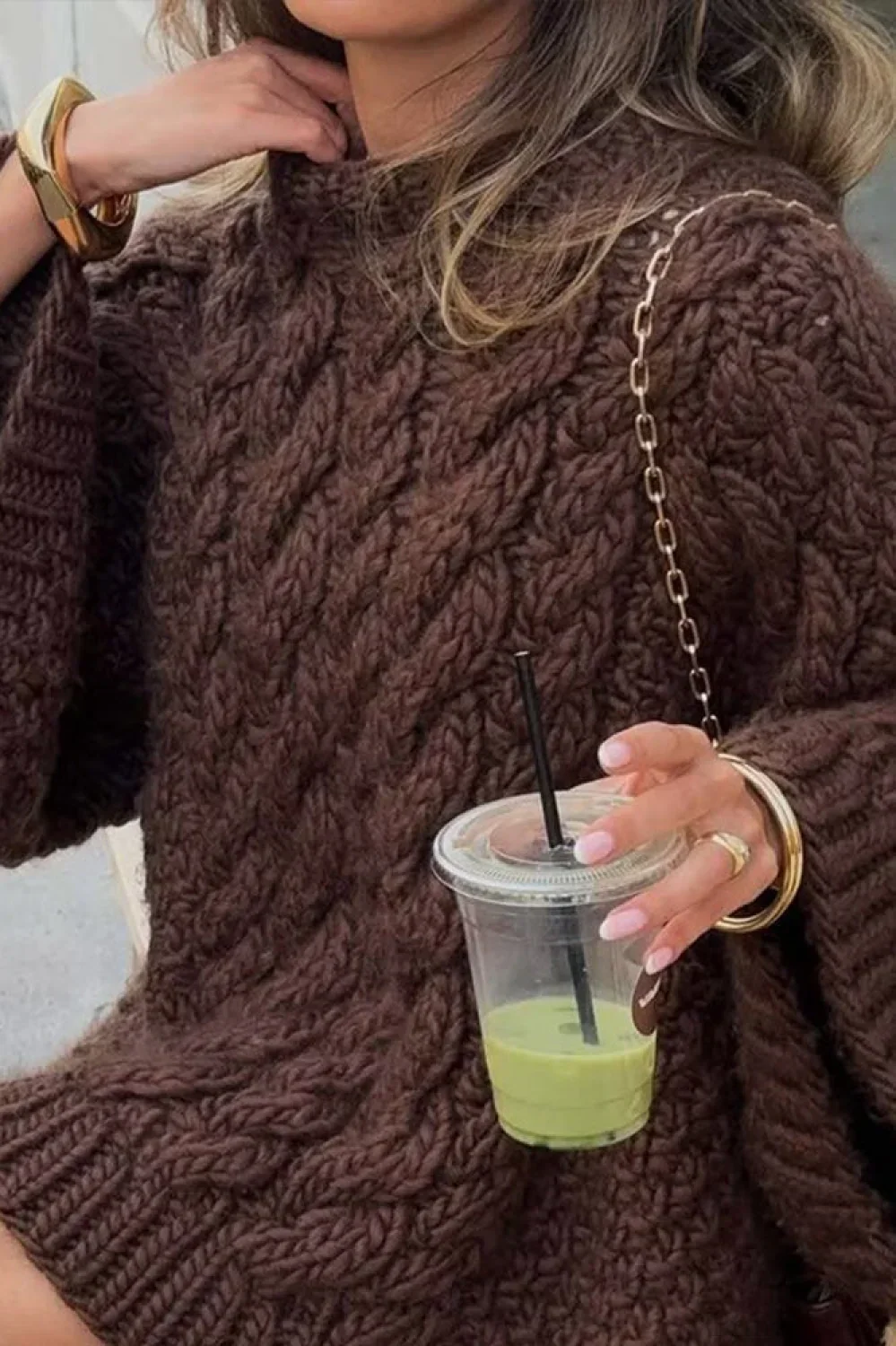 Vintage Loose Comfortable Crew Neck Wide Sleeve Cable Sweater - Image 5