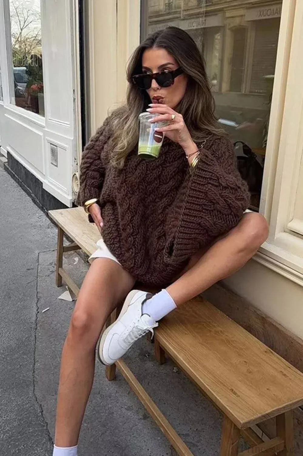Vintage Loose Comfortable Crew Neck Wide Sleeve Cable Sweater - Image 6