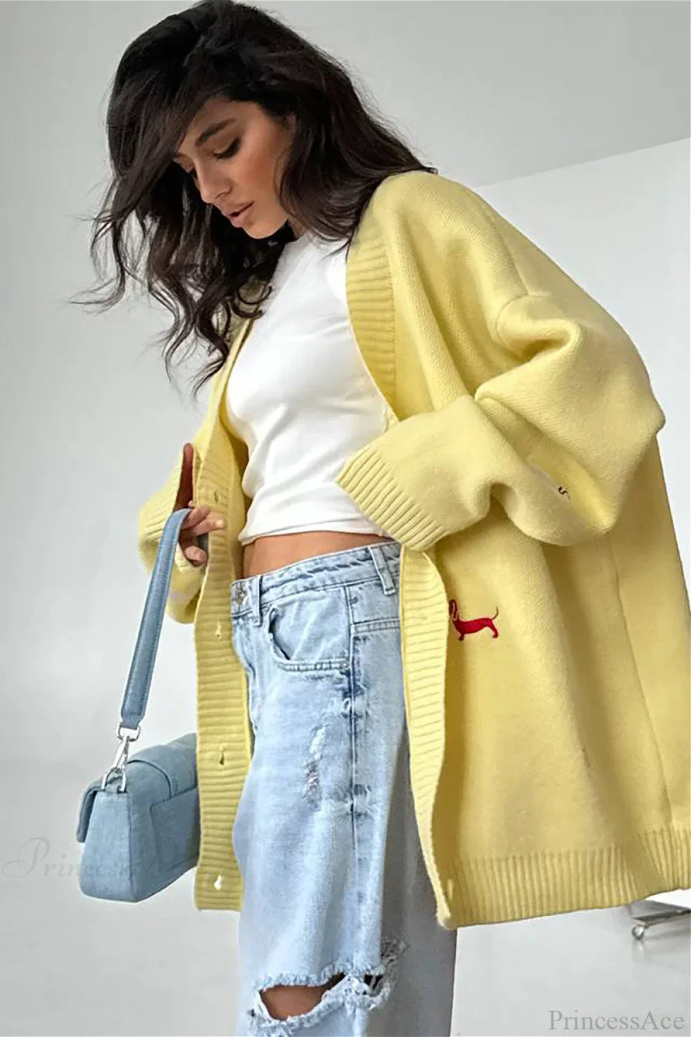 Loose Dachshund Embroidery Knit Button Cardigan - Image 2