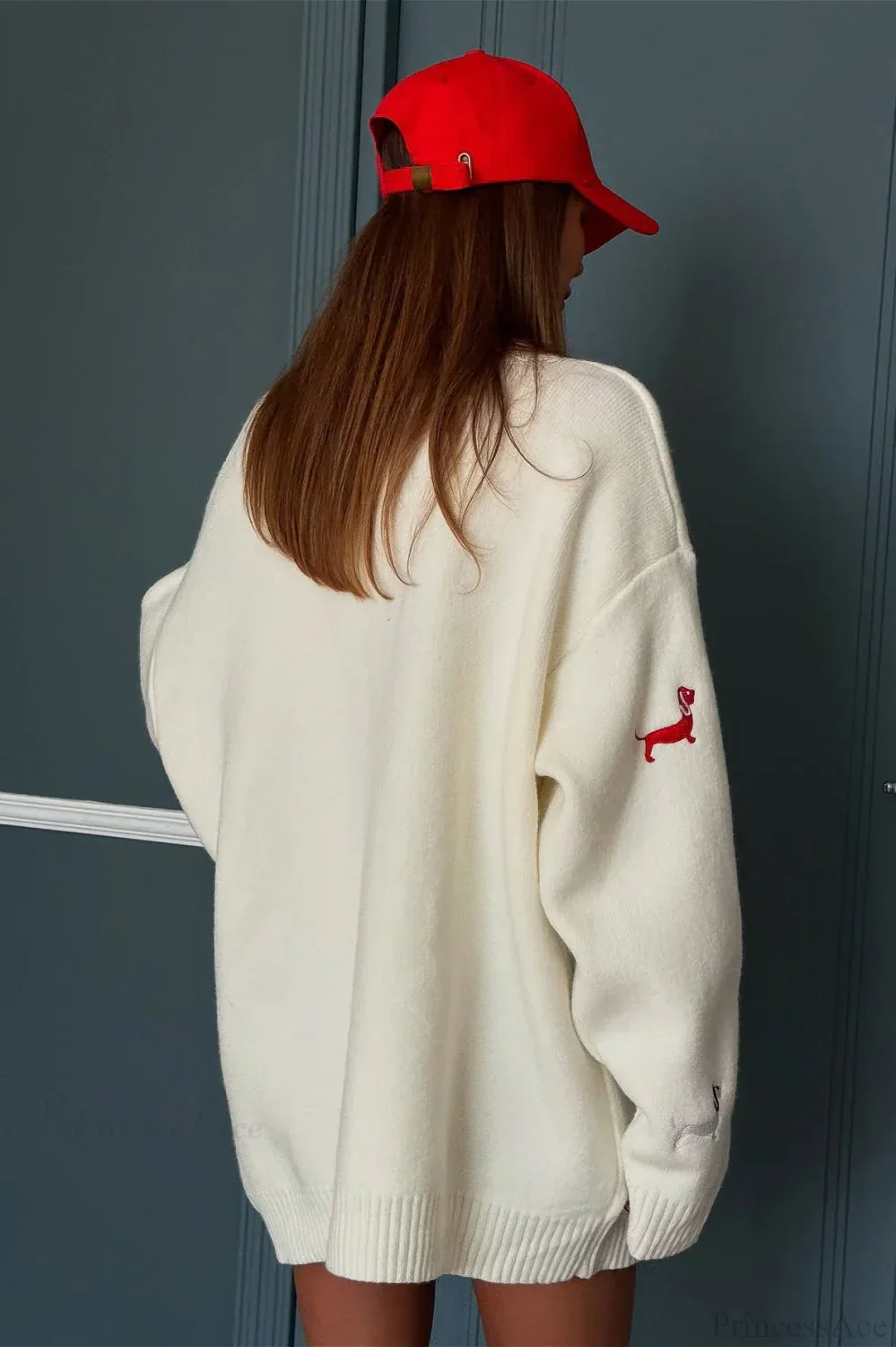 Loose Dachshund Embroidery Knit Button Cardigan - Image 6