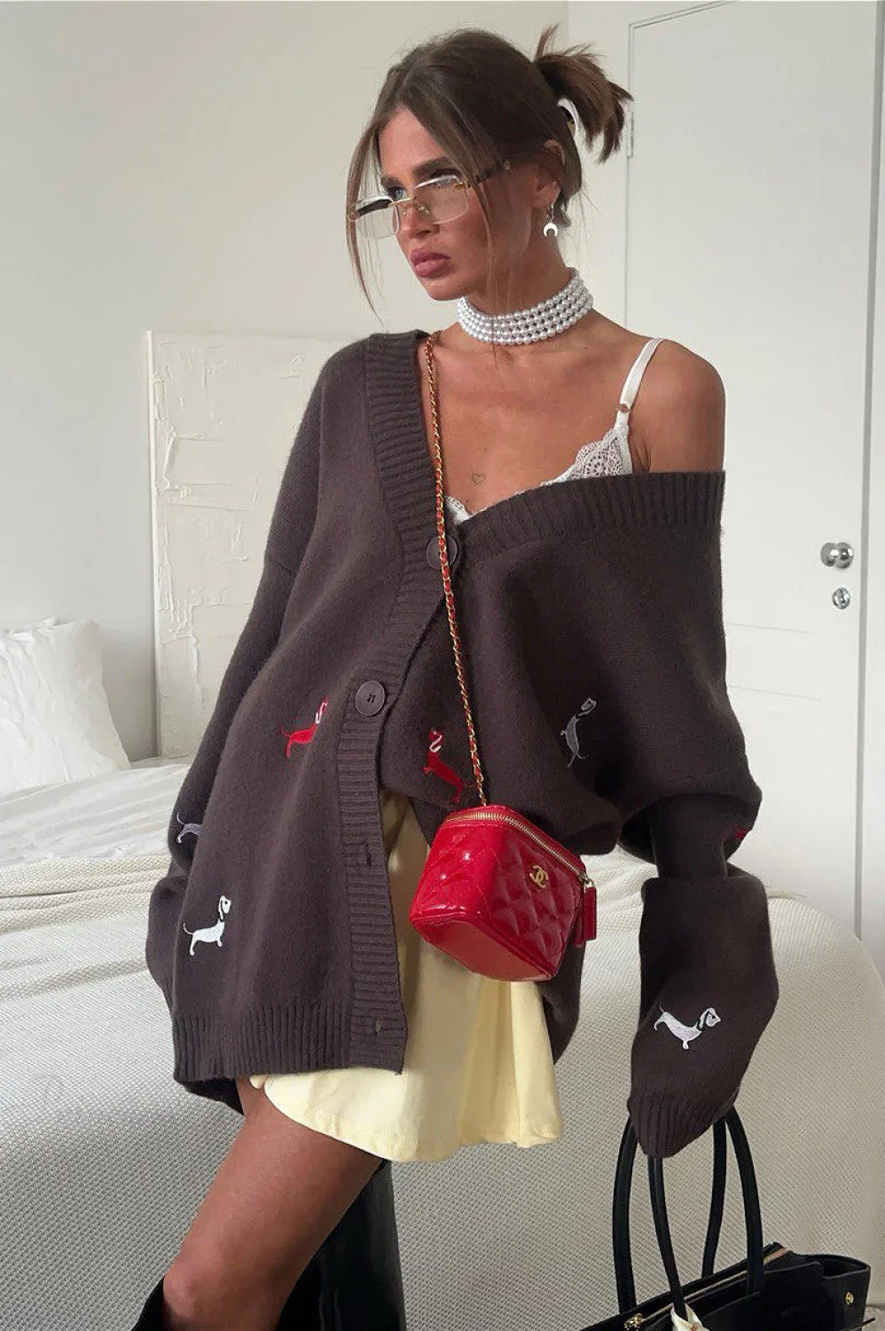 Loose Dachshund Embroidery Knit Button Cardigan - Image 7