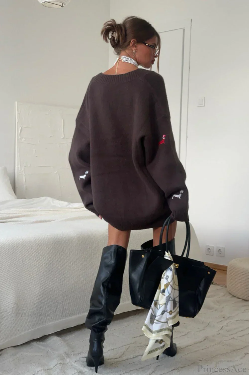 Loose Dachshund Embroidery Knit Button Cardigan - Image 9