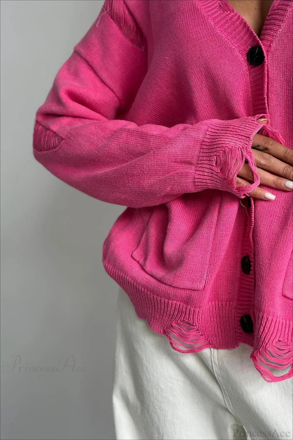 Loose Deep V Neck Knit Button Cardigan - Image 2