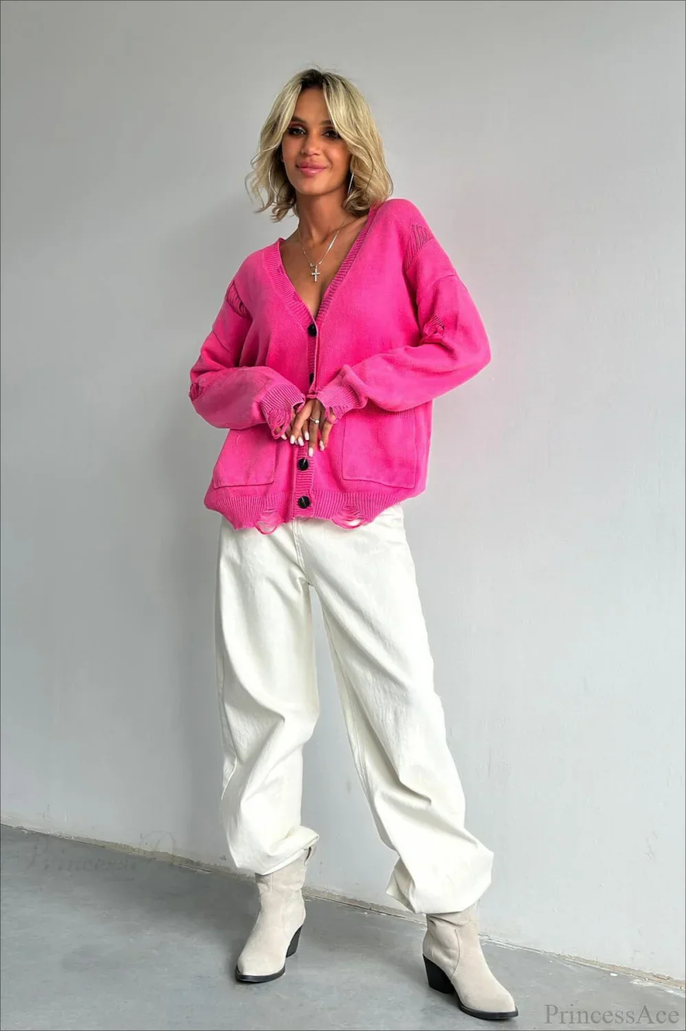 Loose Deep V Neck Knit Button Cardigan - Image 3