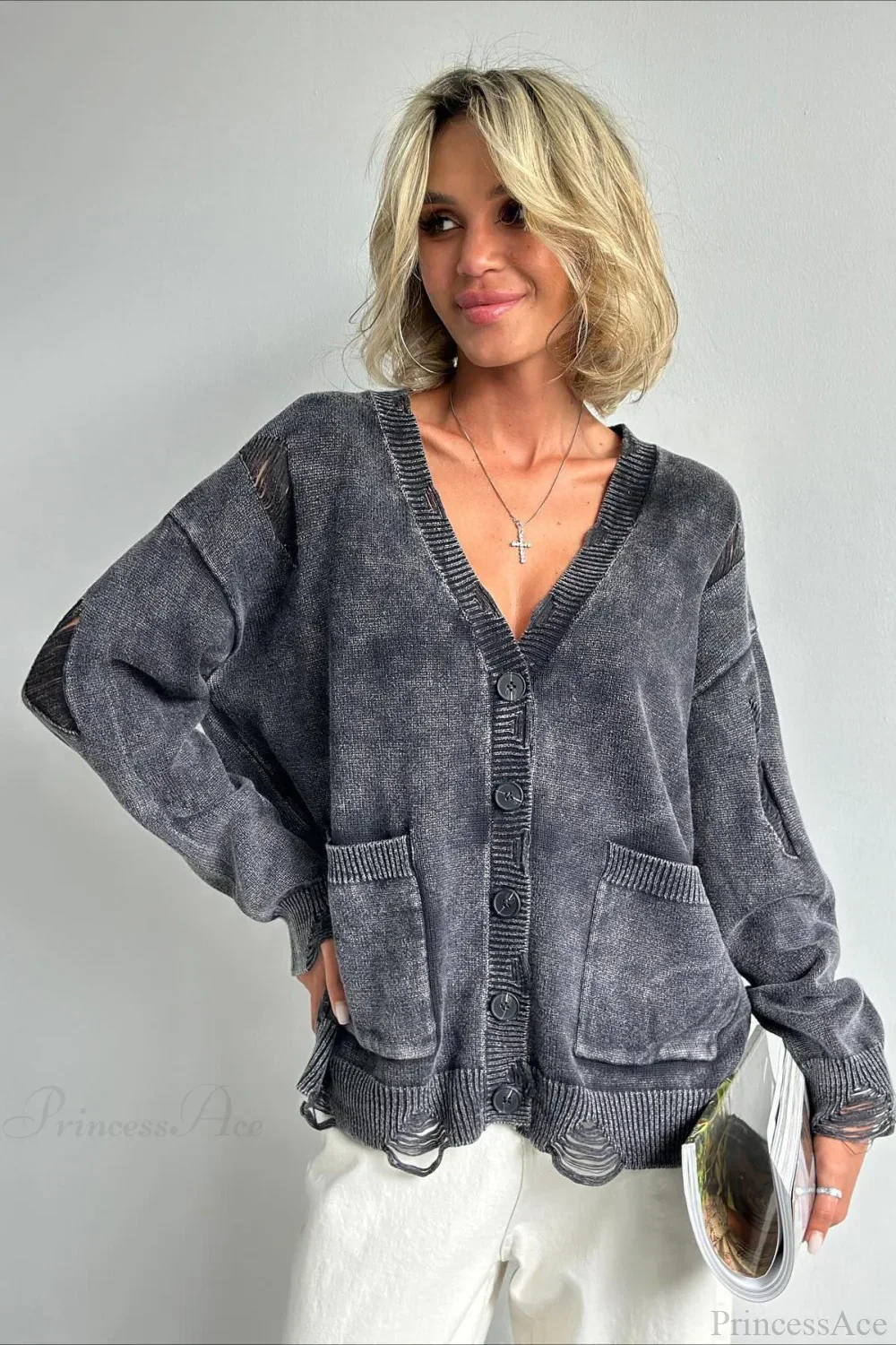 Loose Deep V Neck Knit Button Cardigan - Image 4