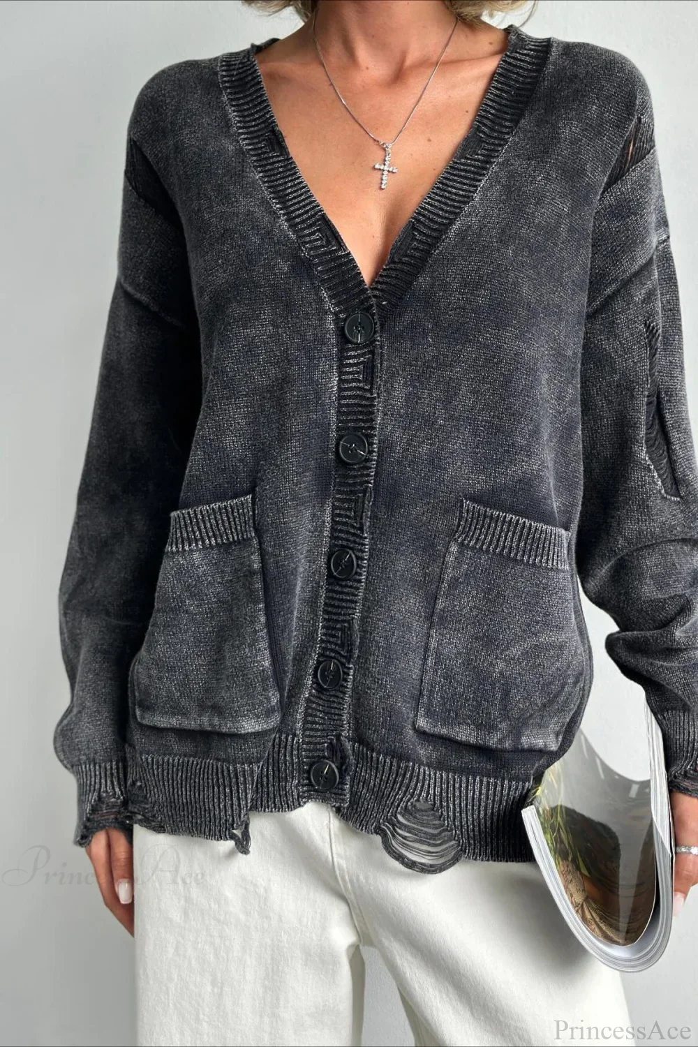 Loose Deep V Neck Knit Button Cardigan - Image 5