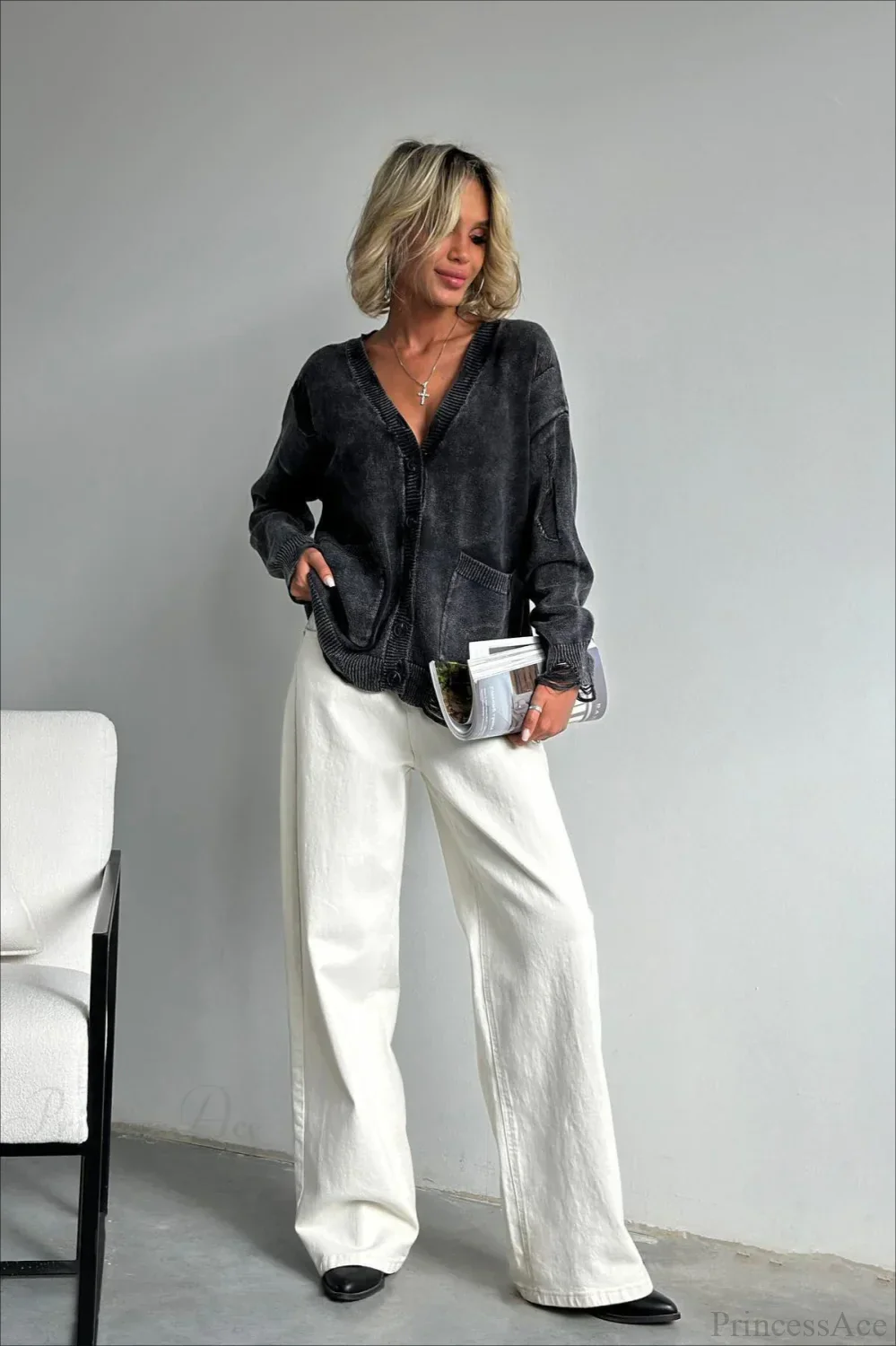 Loose Deep V Neck Knit Button Cardigan - Image 6