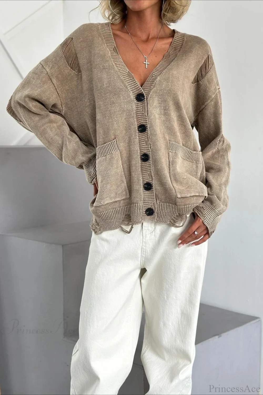 Loose Deep V Neck Knit Button Cardigan - Image 7