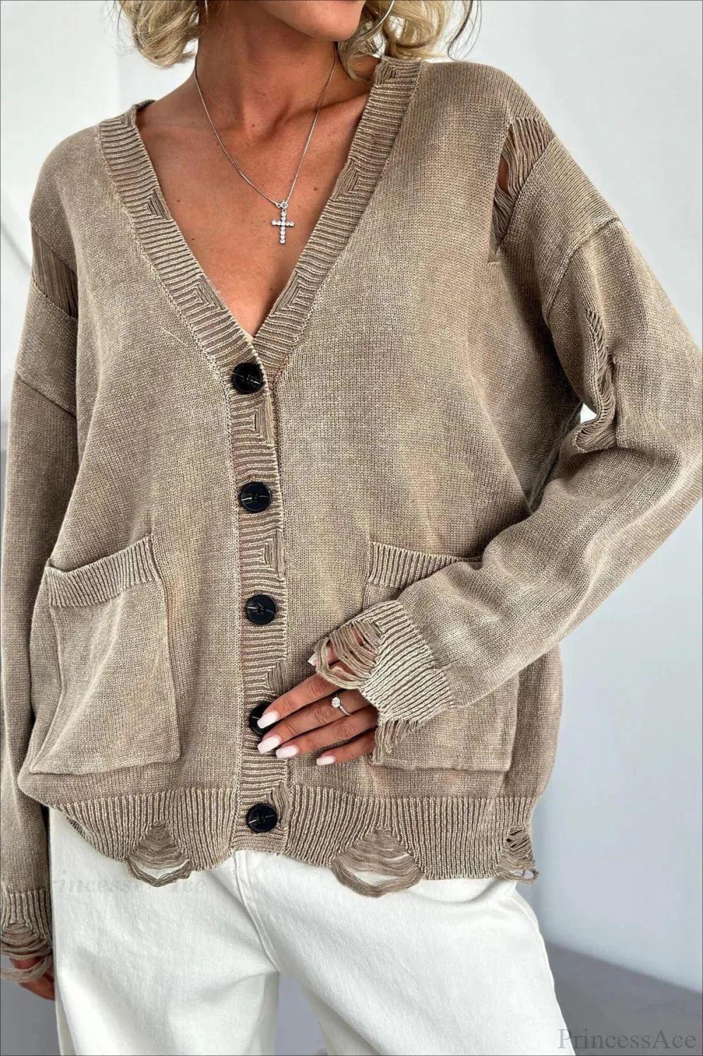 Loose Deep V Neck Knit Button Cardigan - Image 8