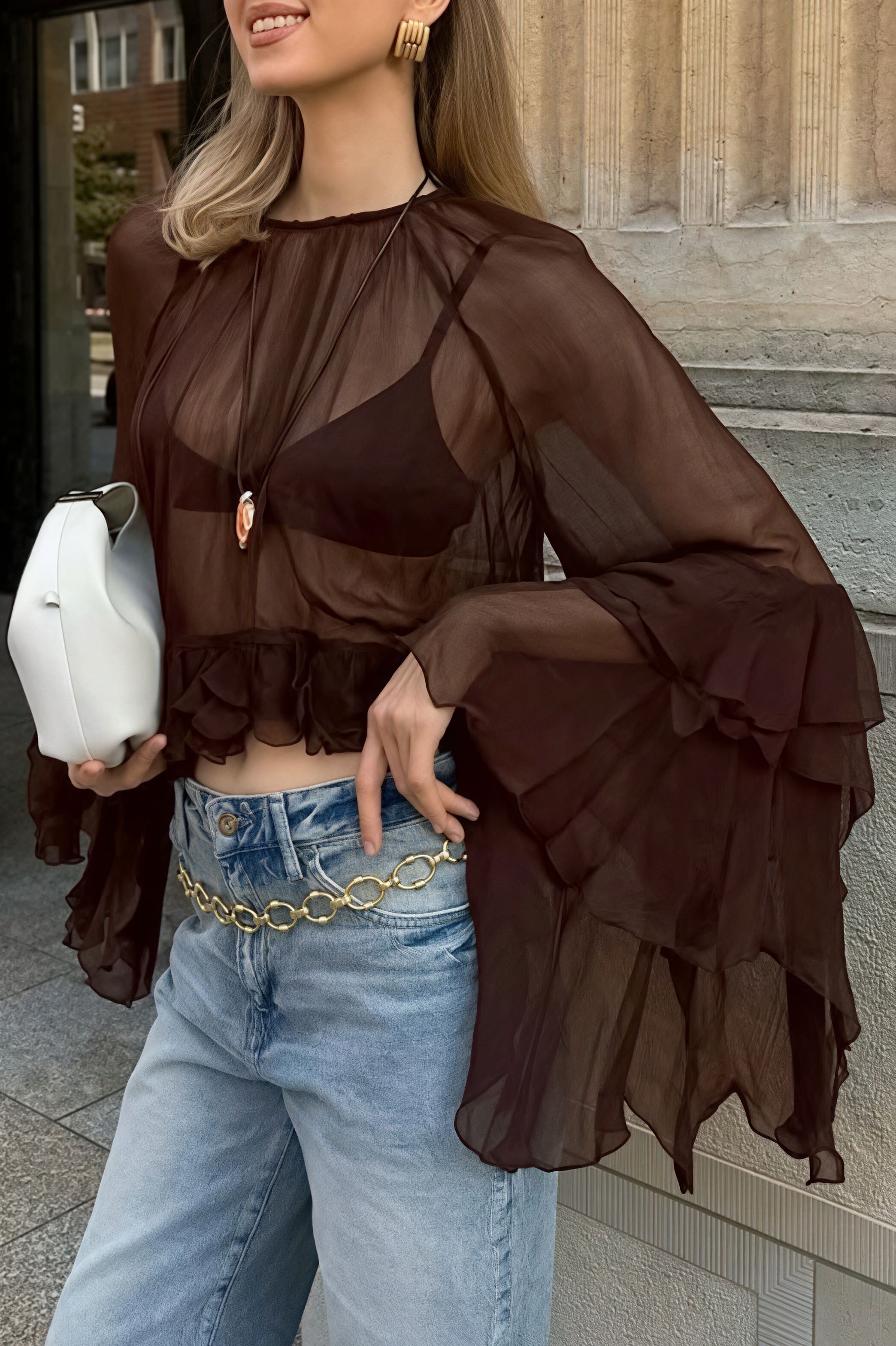Loose Fit Ruffled Chiffon Round Neck Blouse - Image 2