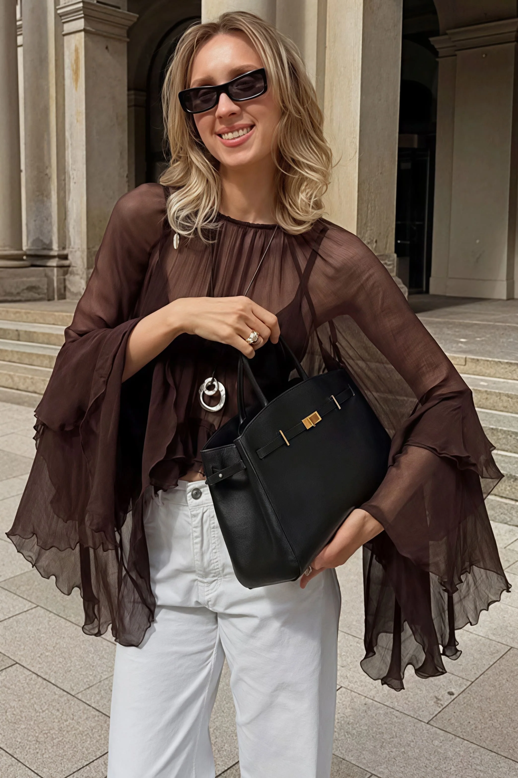 Loose Fit Ruffled Chiffon Round Neck Blouse - Image 4