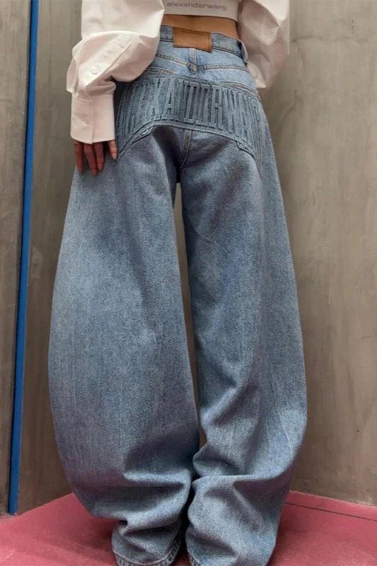 Loose Floor Length Curved Leg Washed Letter Embossed Jeans - Image 2