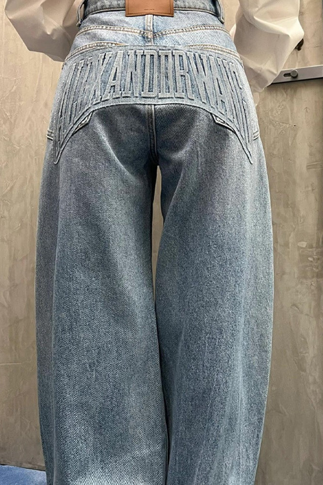 Loose Floor Length Curved Leg Washed Letter Embossed Jeans - Image 3