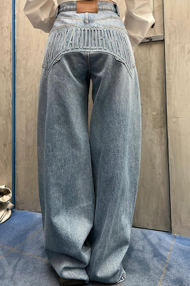 Loose Floor Length Curved Leg Washed Letter Embossed Jeans - Image 4