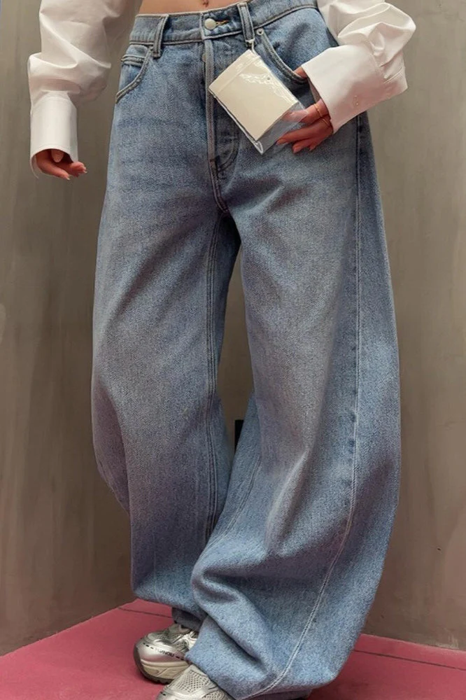 Loose Floor Length Curved Leg Washed Letter Embossed Jeans - Image 5