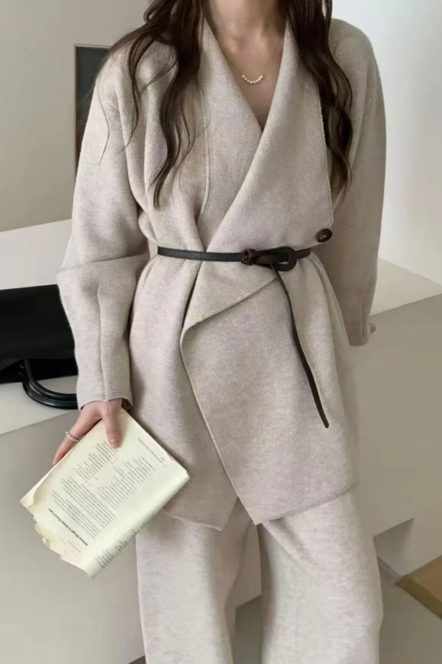 Loose Knit Big Collar Coat Wide-Leg Pants Two Piece Set - Image 3