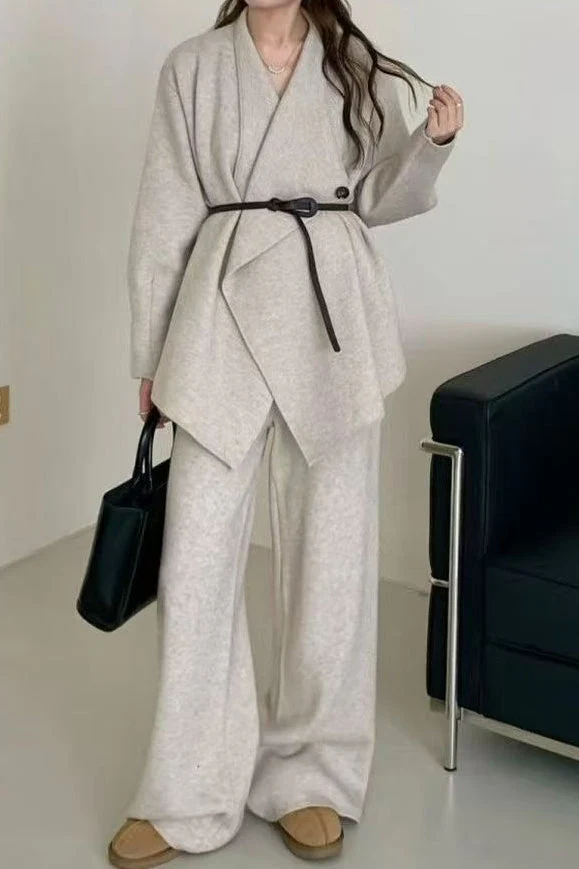 Loose Knit Big Collar Coat Wide-Leg Pants Two Piece Set - Image 4