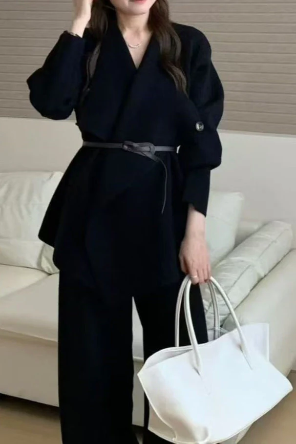 Loose Knit Big Collar Coat Wide-Leg Pants Two Piece Set - Image 5
