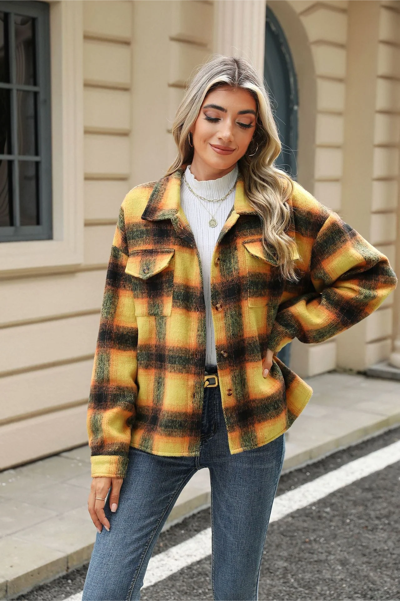 Loose Plaid Lapel Faux Wool Long Sleeve Coat - Image 10