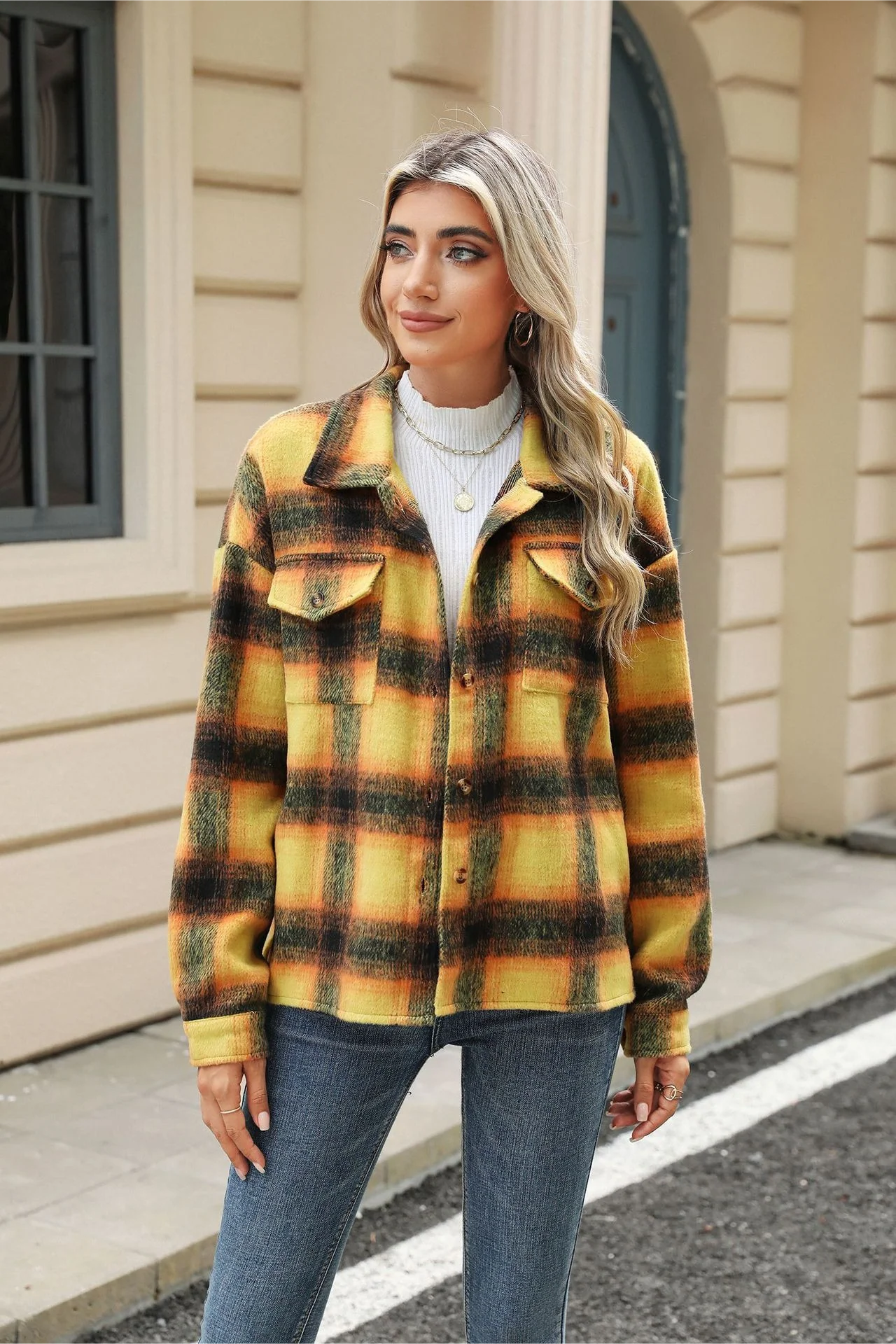 Loose Plaid Lapel Faux Wool Long Sleeve Coat - Image 11