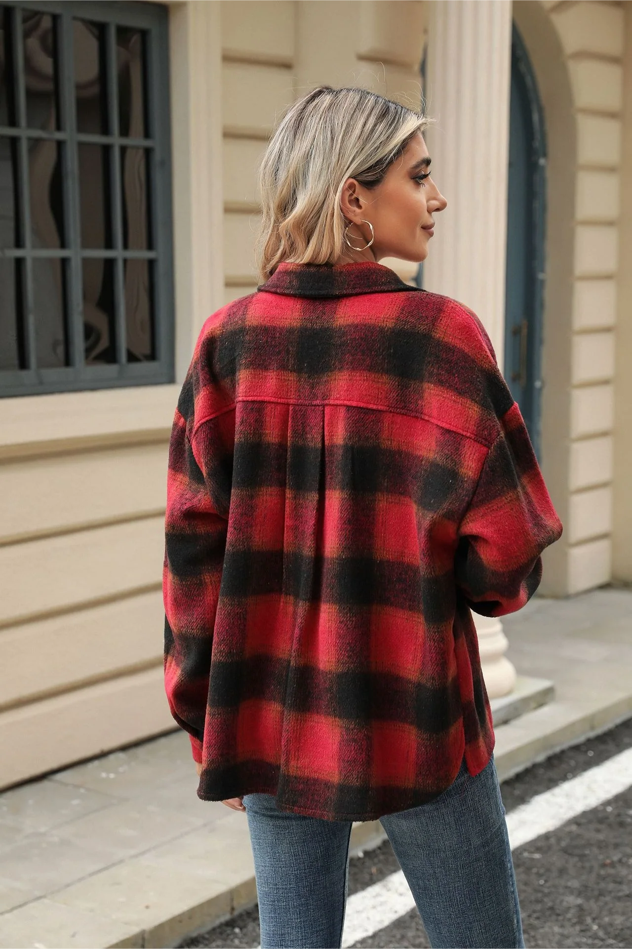 Loose Plaid Lapel Faux Wool Long Sleeve Coat - Image 3