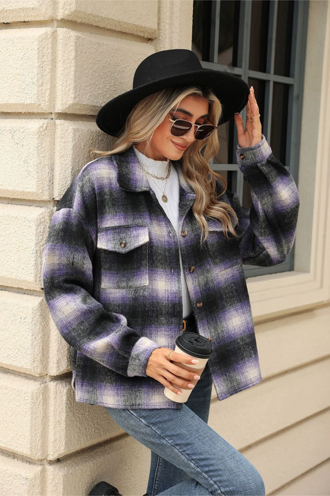 Loose Plaid Lapel Faux Wool Long Sleeve Coat - Image 4