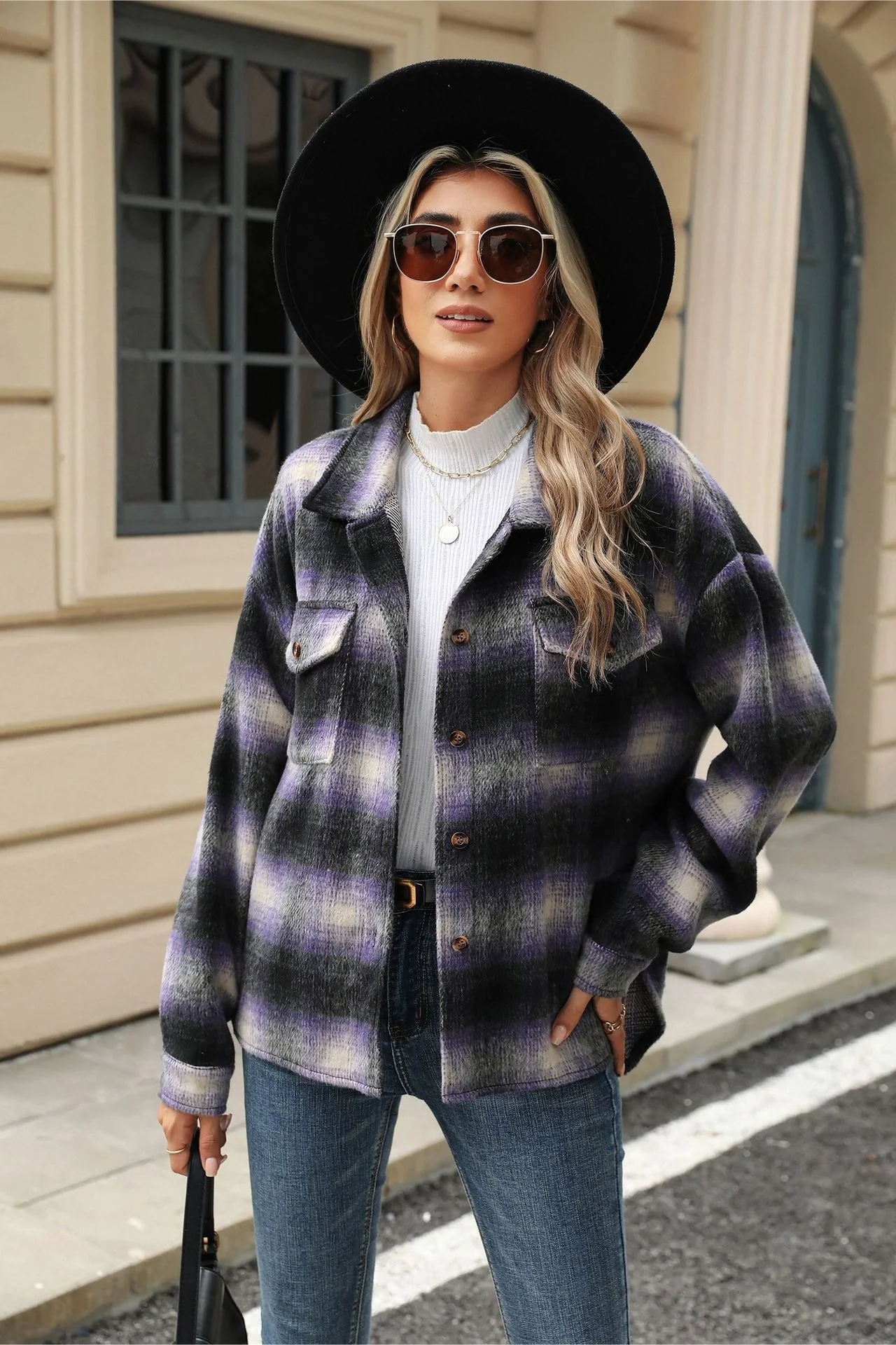 Loose Plaid Lapel Faux Wool Long Sleeve Coat - Image 5