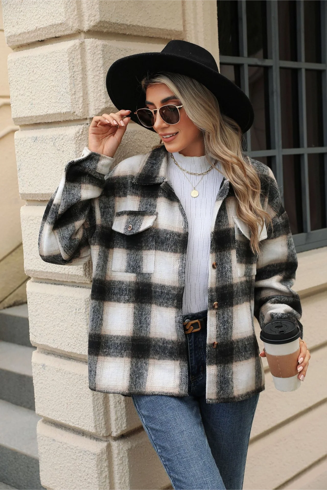 Loose Plaid Lapel Faux Wool Long Sleeve Coat - Image 6