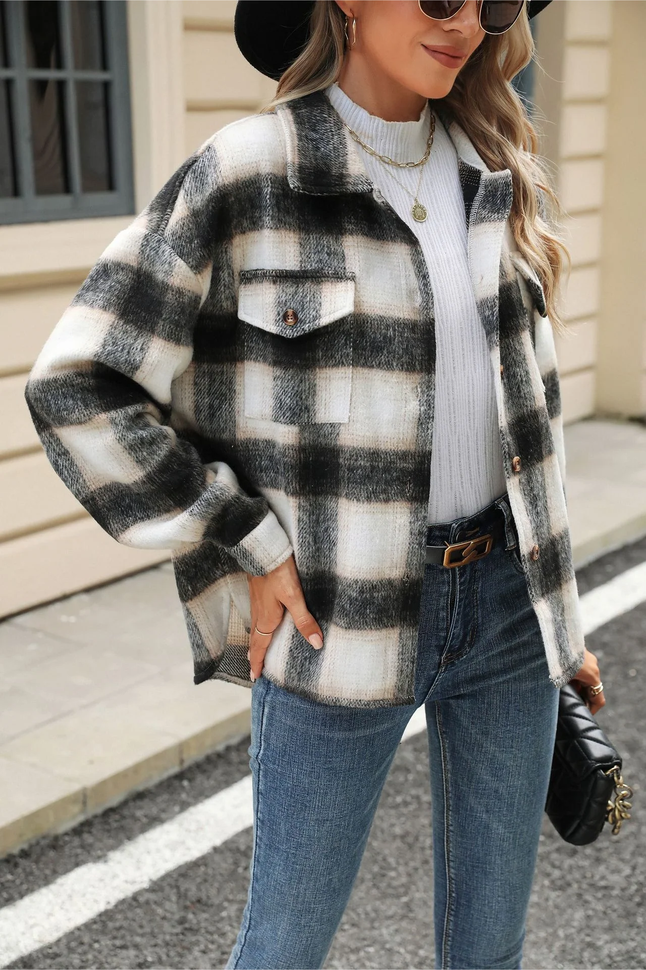 Loose Plaid Lapel Faux Wool Long Sleeve Coat - Image 7