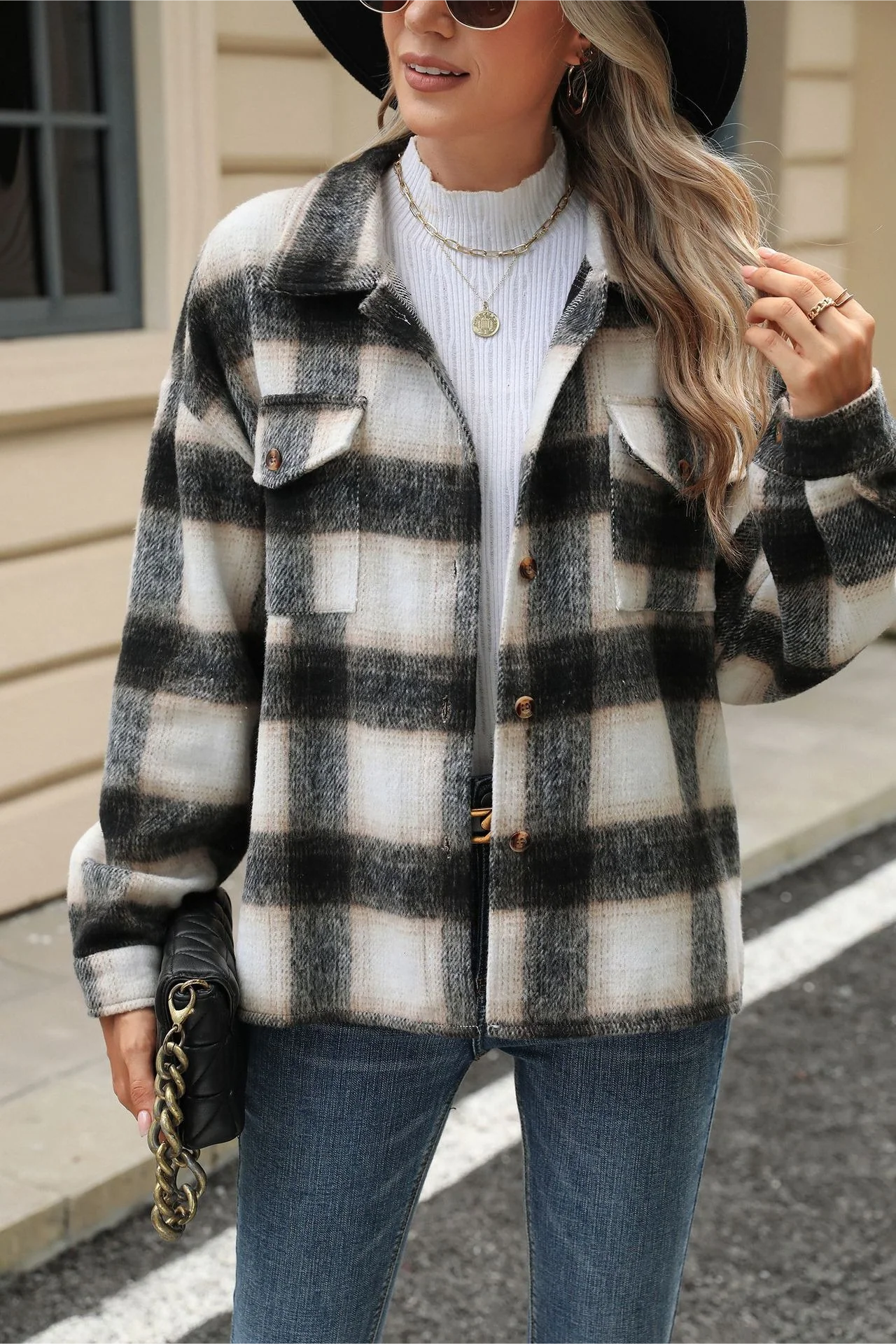 Loose Plaid Lapel Faux Wool Long Sleeve Coat - Image 8