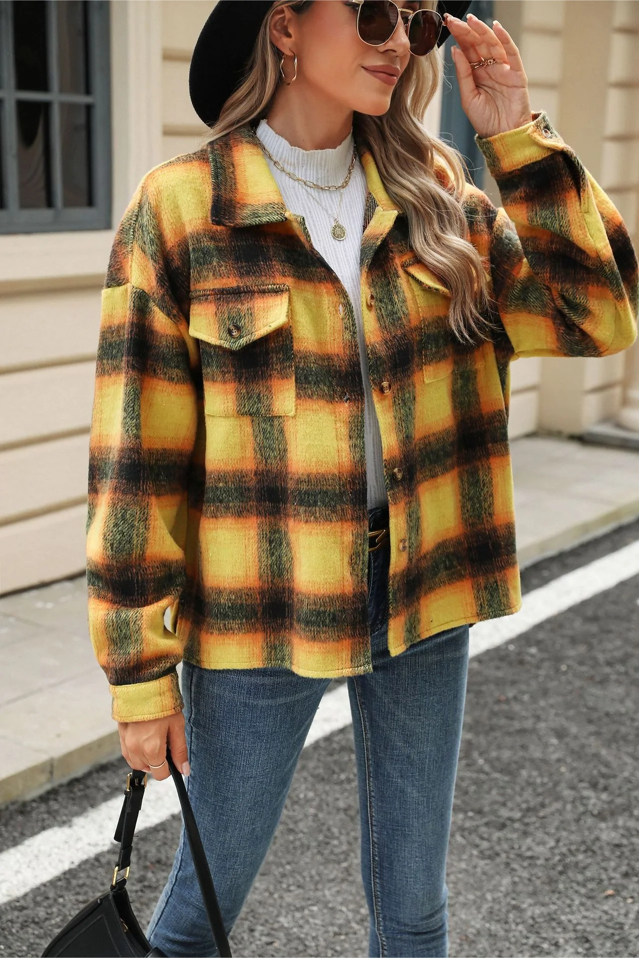 Loose Plaid Lapel Faux Wool Long Sleeve Coat - Image 9