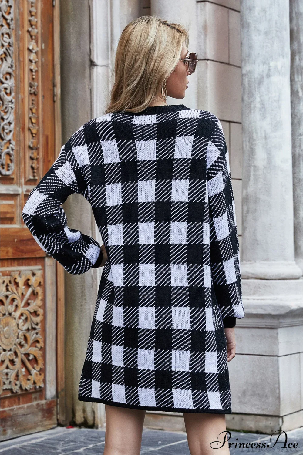 Loose Plus Size Plaid Commute Color Block Sweater - Image 2