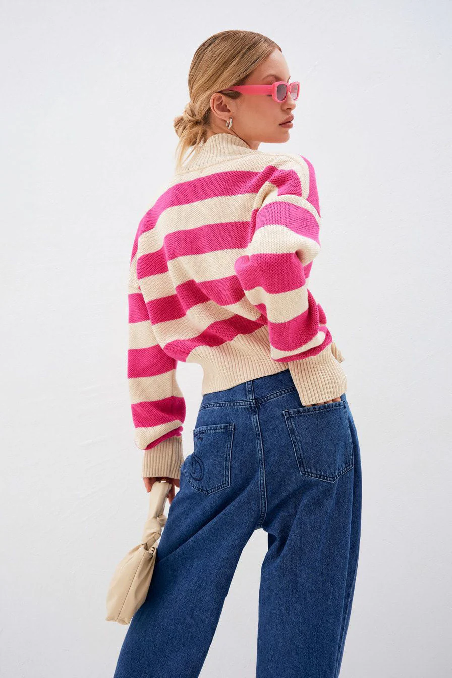 Loose Russian Color Block Knit Cardigan - Image 2