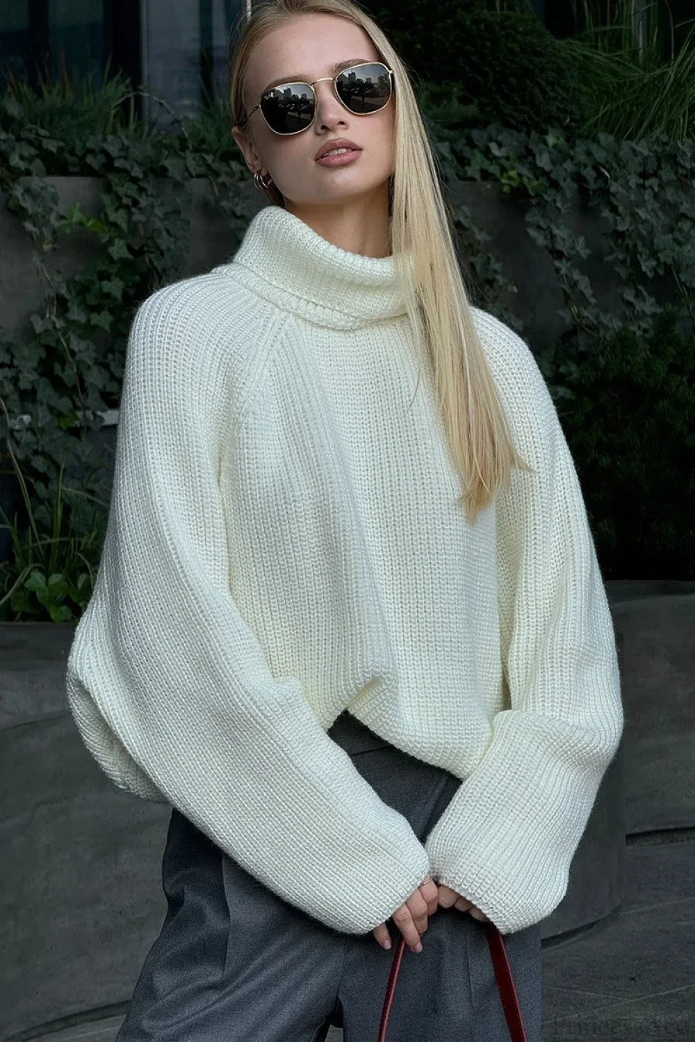 Loose Solid Cropped Turtleneck Crisscross Back Sweater - Image 2