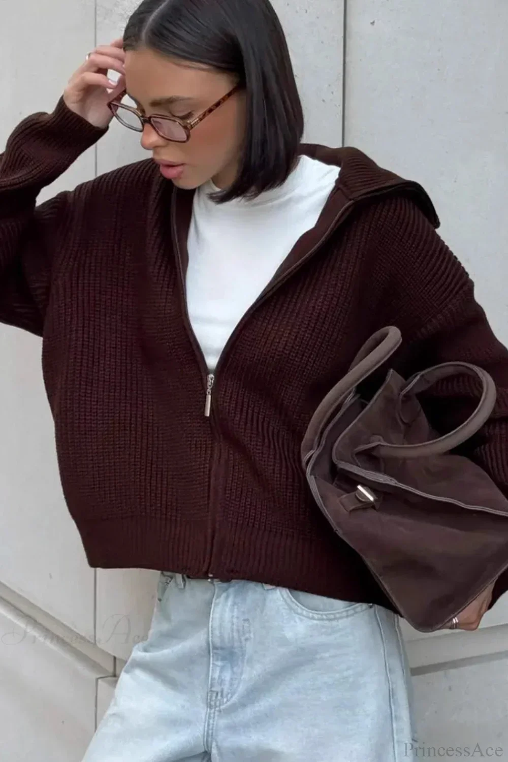 Loose Solid Zip Lapel Cardigan - Image 3