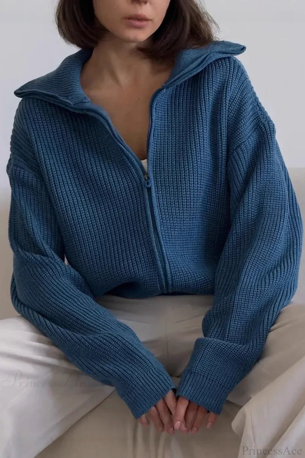 Loose Solid Zip Lapel Cardigan - Image 5