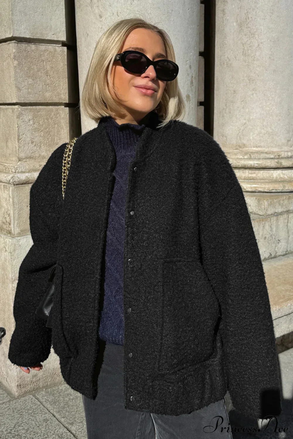 Loose Stand Collar Textured Wool Casual Coat - Image 2
