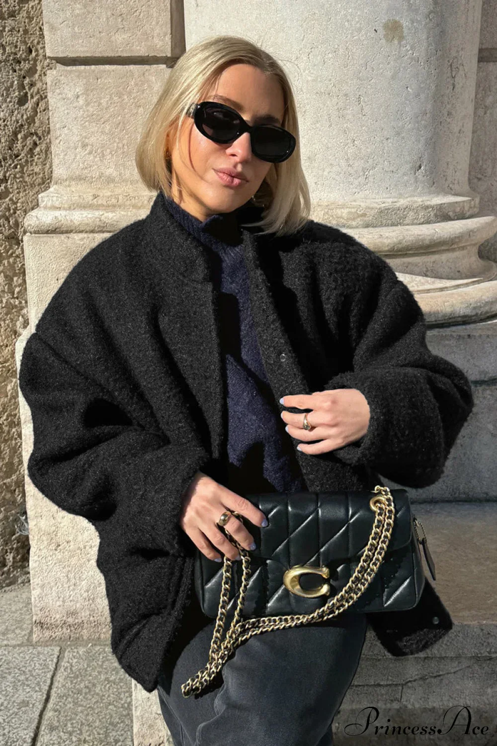 Loose Stand Collar Textured Wool Casual Coat - Image 3
