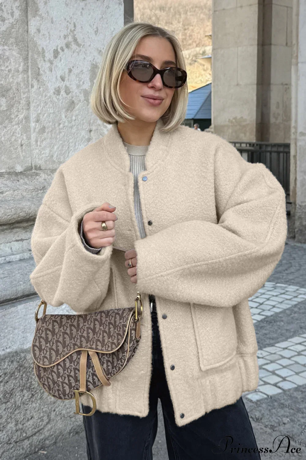 Loose Stand Collar Textured Wool Casual Coat - Image 4