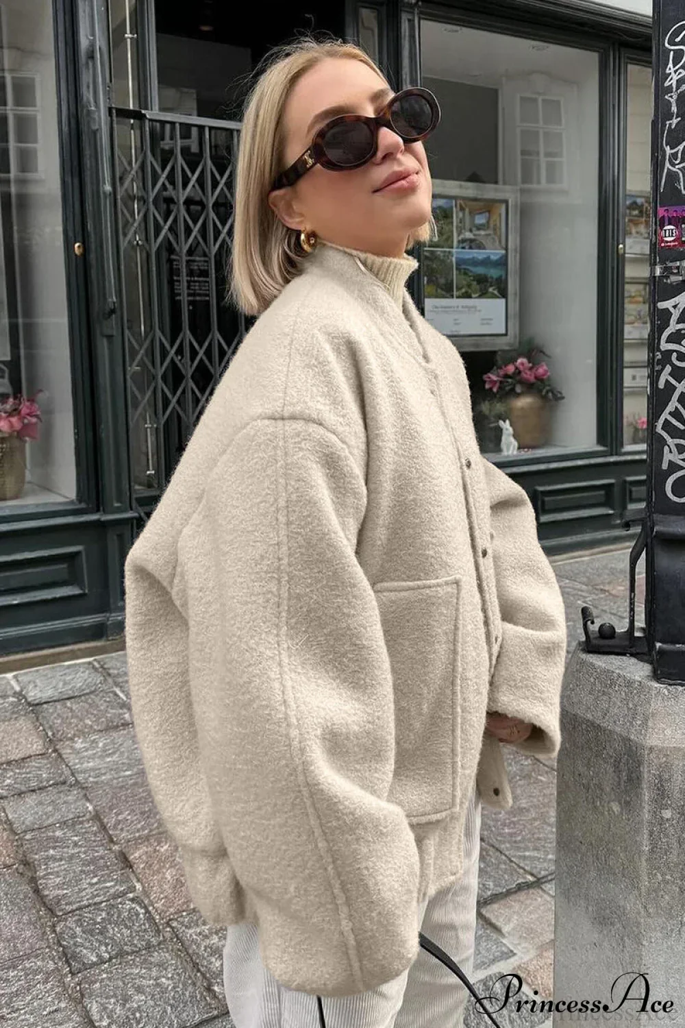 Loose Stand Collar Textured Wool Casual Coat - Image 5