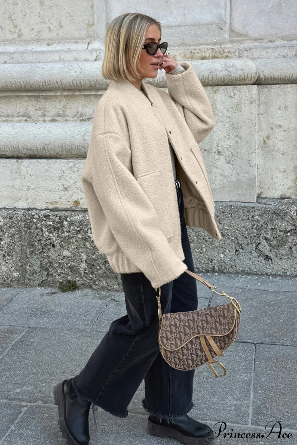 Loose Stand Collar Textured Wool Casual Coat - Image 6