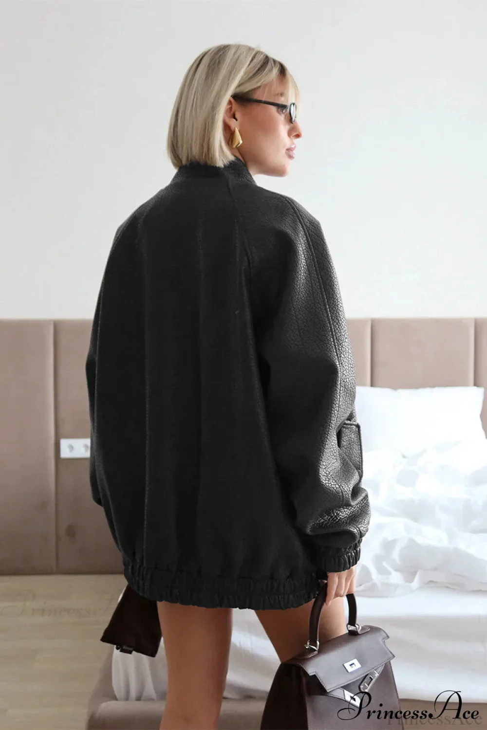Loose Stand Collar Zipper Textured PU Leather Coat - Image 3
