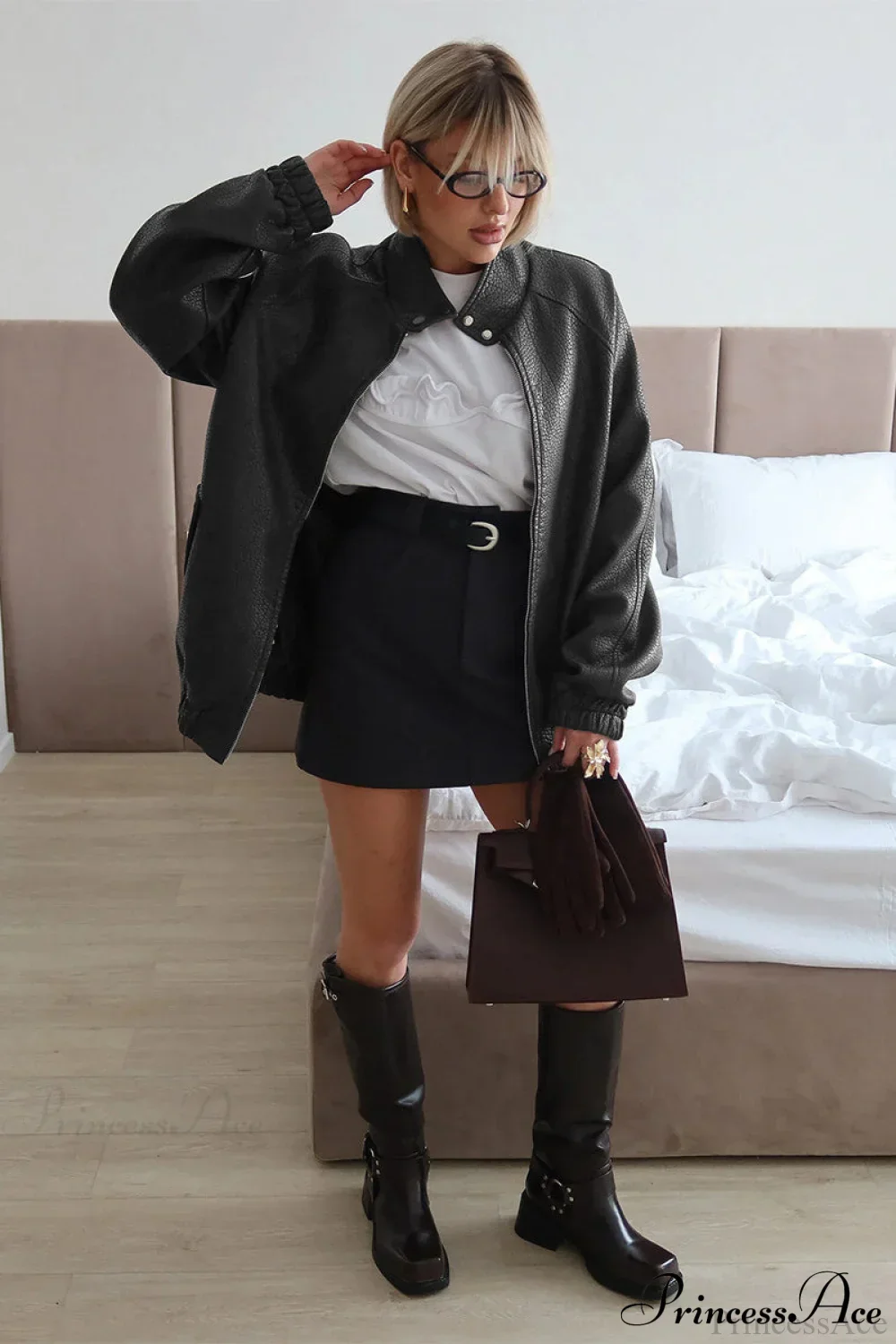 Loose Stand Collar Zipper Textured PU Leather Coat - Image 4