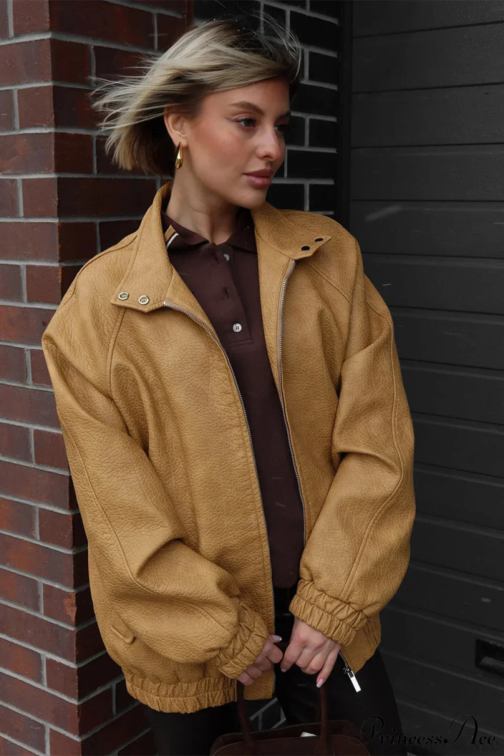 Loose Stand Collar Zipper Textured PU Leather Coat - Image 5