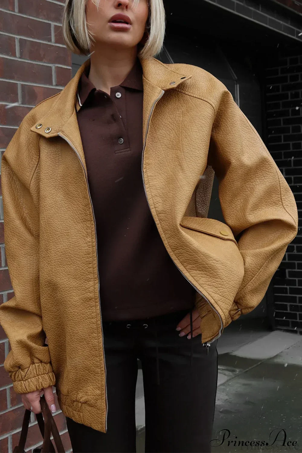 Loose Stand Collar Zipper Textured PU Leather Coat - Image 6